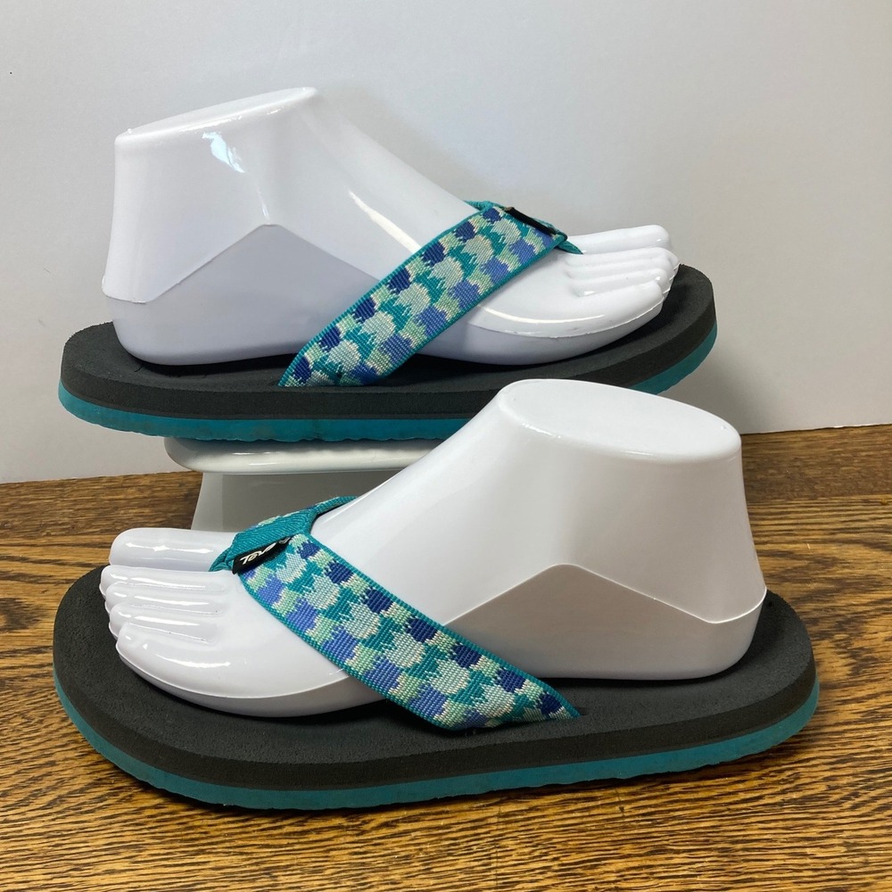 Teva Mush II Flip Flops Teal Blue Geometric Webbing Sandals Womens 6 1093656Y